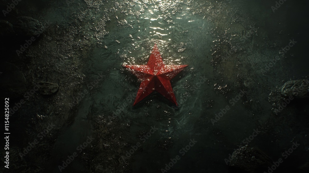 Poster a close-up view showcases a patriotic star submerged in water on a textured surface, with light refl