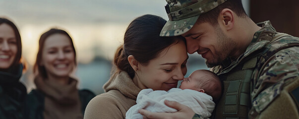 soldier in uniform embraces their spouse while holding their newborn baby, surrounded by smiling family members, symbolizing love, reunion, and family bonds