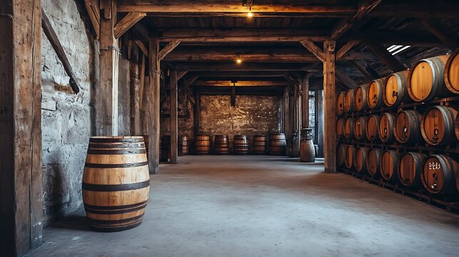 Wooden barrels in a rustic wine cellar. Concept of aging, tradition, and winemaking.