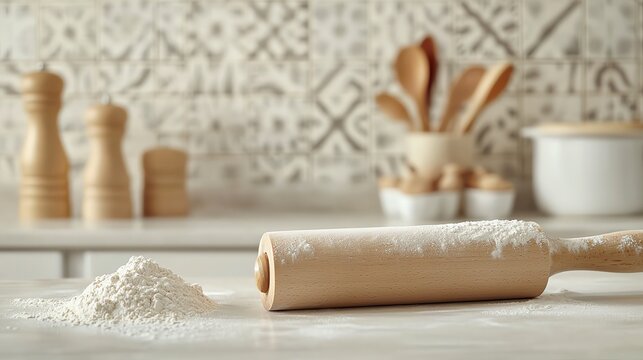 Wooden rolling pin with flour on kitchen counter, ready for baking.