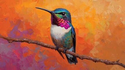 Vibrant Hummingbird Perched on Branch Against Colorful Background