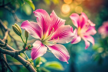 Fototapeta premium Pink Bauhinia variegata orchid tree flowers, fabaceae family, stand out against a dreamy, unfocused natural scene.