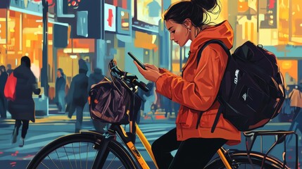 Young woman using mobile phone and walking with bicycle on road in city