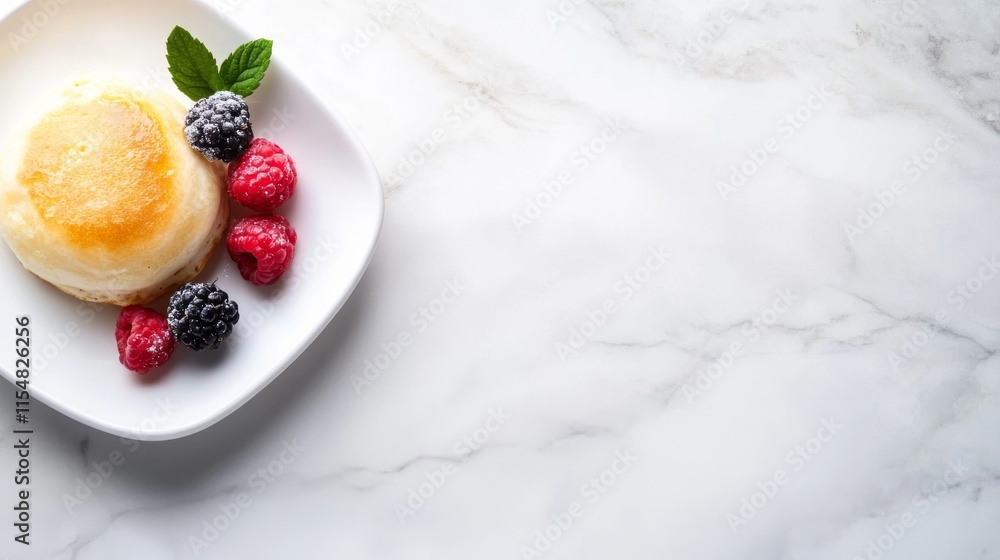Poster a close-up view showcases a stack of pancakes on a white ceramic plate, garnished with fresh berries