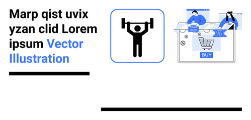 Fitness icon with person lifting weights, people using digital devices, online shopping cart, and buy button. Ideal for fitness apps, e-commerce, digital marketing, user interface design, online