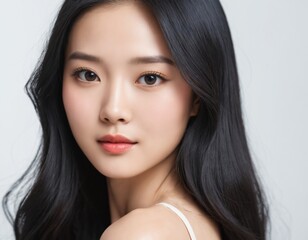 Fototapeta premium A Beautiful Asian Woman, Her face close up with smooth skin showing towards the camera on a White background. AI generated