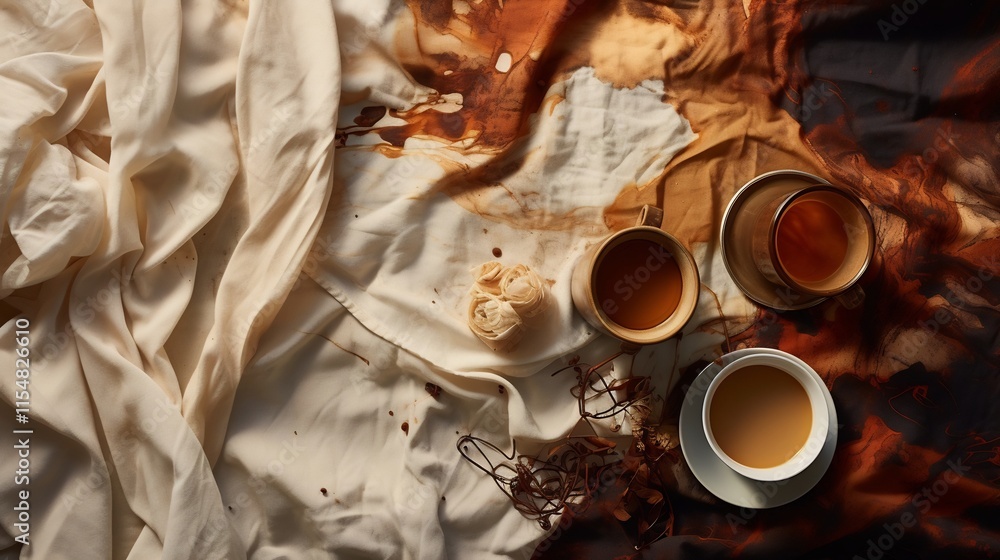 Poster artful and moody flatlay composition featuring abstract patterns and textures created by coffee stai