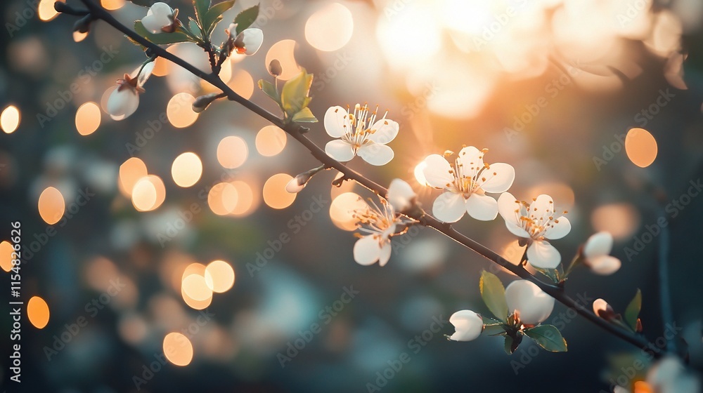 Poster abstract spring bokeh background with green and floral elements