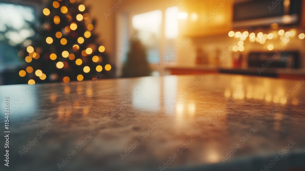 Leinwandbilder a single empty marble countertop is shown with soft, out-of-focus holiday ornaments and string light