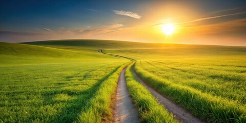 Fototapeta premium Serene Sunset Over Rolling Green Fields, a Dirt Road Beckoning Towards the Golden Horizon