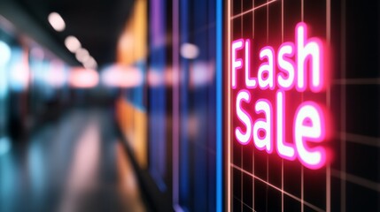 Dynamic graphic features bold flash sale text in vibrant neon tones, enhanced by spark effects set against a deep black digital grid for promotional appeal