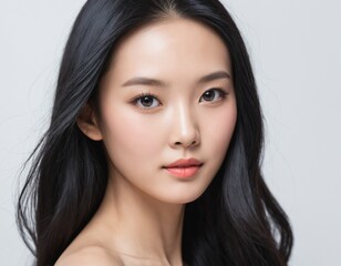 Fototapeta premium A Beautiful Asian Woman, Her face close up with smooth skin showing towards the camera on a White background. AI generated