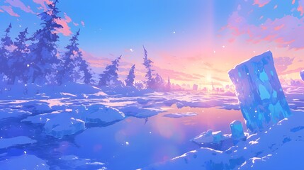 Anime ice landscape with vibrant hues, serene winter vibe