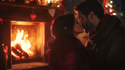 couple shares romantic kiss by cozy fireplace, surrounded by warm lighting and Valentine&acirc;&euro;&trade;s decorations, creating intimate and heartfelt atmosphere