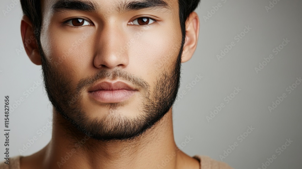 Poster an asian man stands confidently against a gray backdrop, showcasing a medium-close portrait with sof