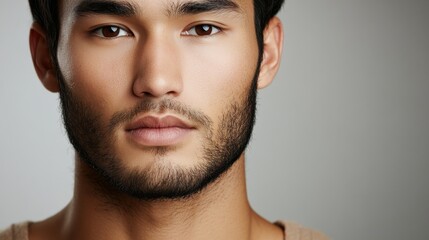 Fototapeta premium An Asian man stands confidently against a gray backdrop, showcasing a medium-close portrait with soft diffused lighting and ample copy space on the left