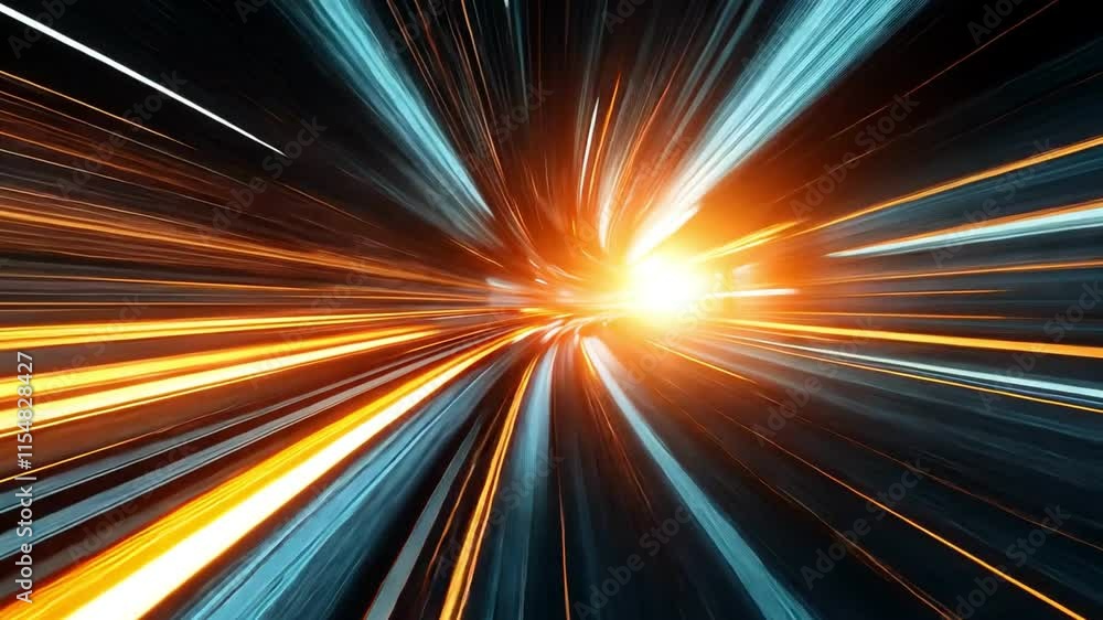 Poster dynamic light trails representing speed and movement against a dark background.