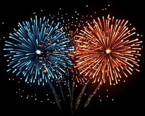 The image features vibrant fireworks in blue and orange hues against a black background, celebrating an event or holiday with bursts of light and sparks.