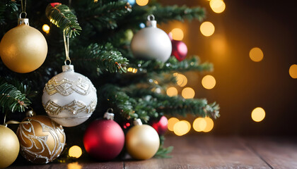 Festive Christmas Tree Ornaments Close-up. Close-up of decorative Christmas tree ornaments, including gold, silver, and red, hanging on a Christmas tree.