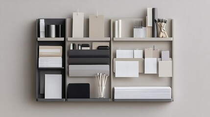 Modern minimalist wall-mounted organizer with stationery and office supplies.