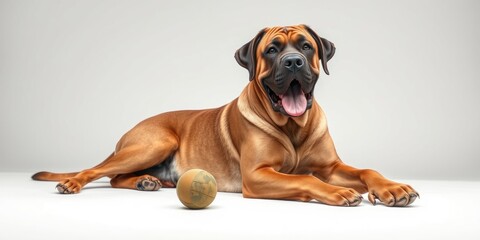 Obraz premium A relaxed dog rests beside a ball, showing excitement and readiness for play. The clean and simple background highlights the dog's playful nature and demeanor