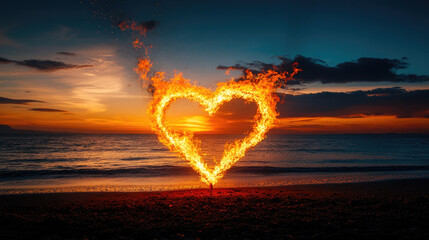Fototapeta premium A vibrant sunset over the ocean with a heart-shaped flame in the foreground, symbolizing love and passion.