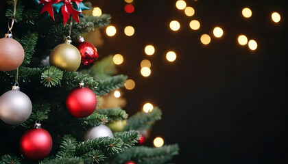 Close-up of a decorated Christmas tree with colorful ornaments. This close-up image showcases a beautifully decorated Christmas tree, featuring a variety of colorful ornaments, including red, gold
