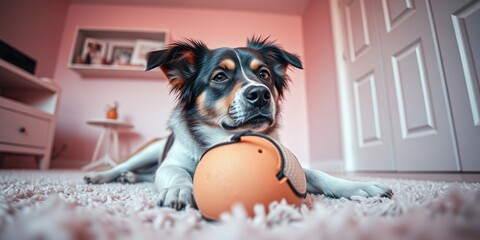A playful dog is lying on a soft carpet, resting next to a bright ball. The dog is ready to engage in playtime, enjoying the warm indoor atmosphere
