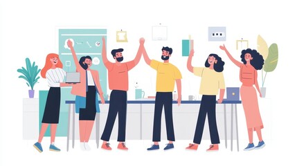 Fototapeta premium Diverse team highfiving in creative workspace, symbolizing collaboration and success
