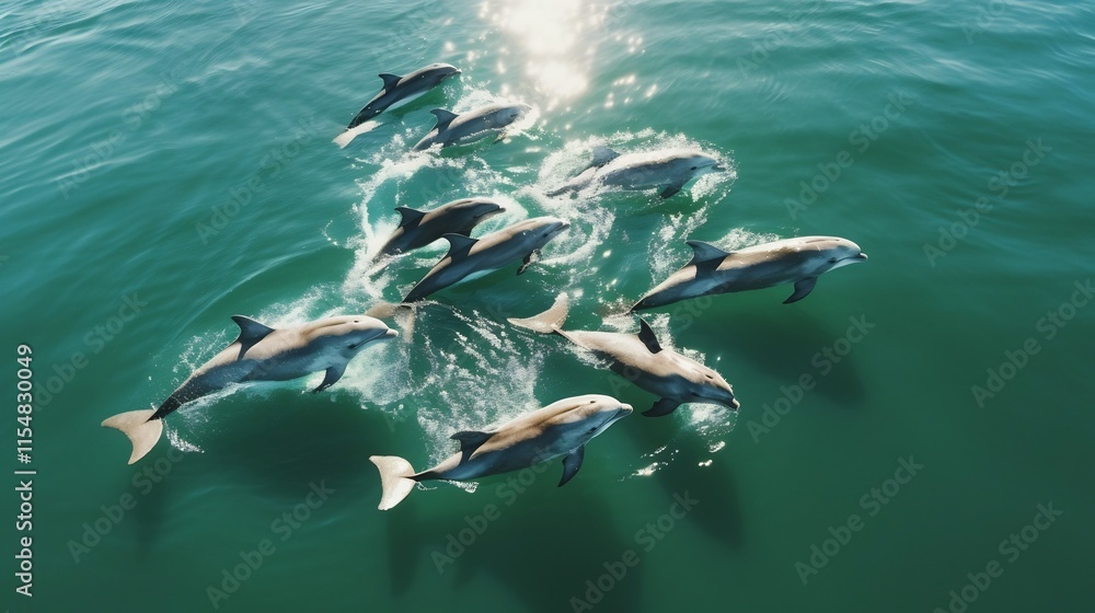 Poster aerial view showcasing a pod of dolphins swimming in a perfectly synchronized formation creating a m