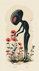 Alien Being Carefully Tending Red Poppies in Garden