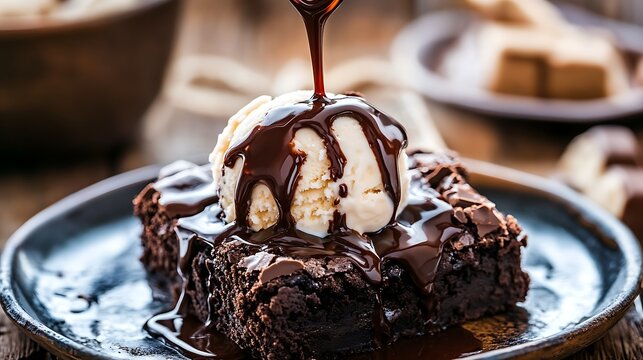 brownies with ice cream on top and poured with chocolate syrup