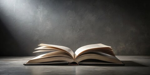 An open book rests on a surface, illuminated by a single light source, creating a dramatic and evocative scene.