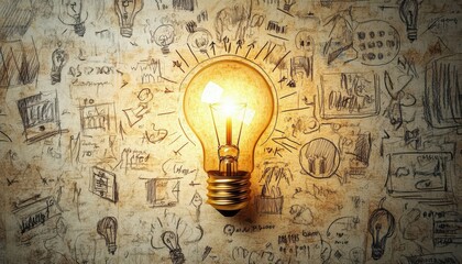 Abstract concept of glowing lightbulb surrounded by ideas and sketches, innovation