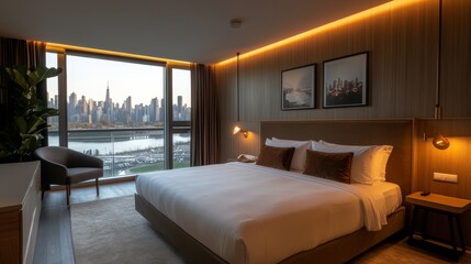 Discover a spacious hotel room with a plush king-sized bed, elegant decor, and breathtaking city views through floor-to-ceiling windows, perfect for relaxation