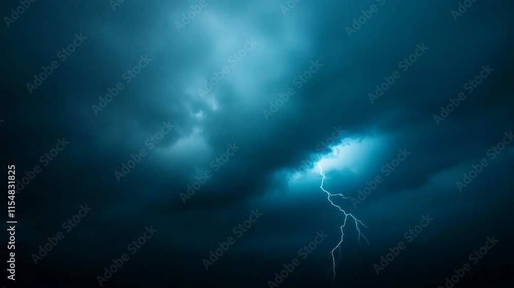 Poster a single bolt of vibrant blue lightning streaks across a deep black sky, showcasing nature's raw ene