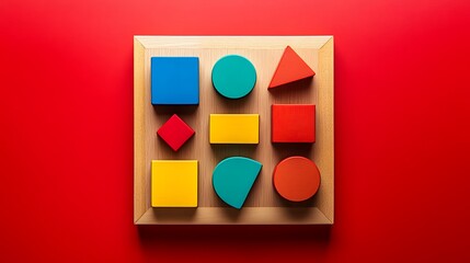 Colorful wooden shape sorter isolated on bright red background