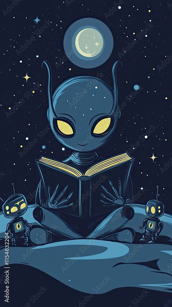 Poster alien reading book under crescent moon with robots