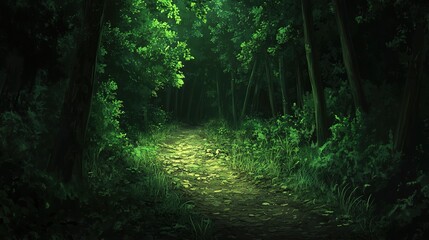 Fototapeta premium Peaceful Forest Path Illuminated by Scattered Sunlight