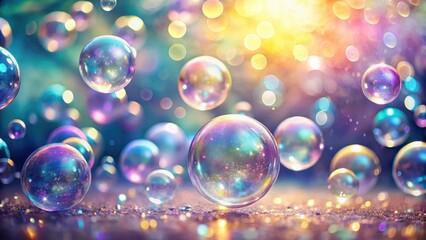 Naklejka premium A Sparkling Symphony of Iridescent Bubbles Floating in a Dreamlike, Shimmering Atmosphere