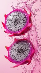 Fresh Dragon Fruit Slices Splashing in Bright Pink Background