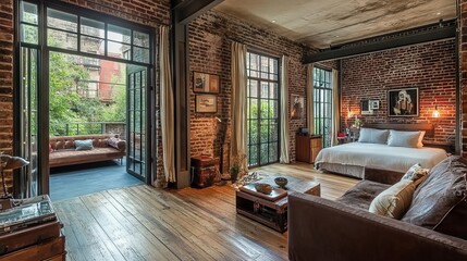 Loft living room interior adapted as a modern and spacious apartment. Industrial character is given by bricks walls, parquet floors and large windows. Behind the sliding doors is a bedroom. 3D render