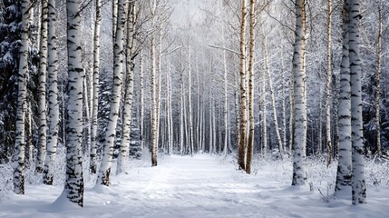 Winter Birch Forest Path. Snowy Landscape, Tranquil Nature.