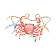 Sea crab with starfishes and rope twisted in loops. Underwater composition with reef animals. Hand drawn watercolor illustration isolated. Nautical design. Marine clip art for postcard, textile, print