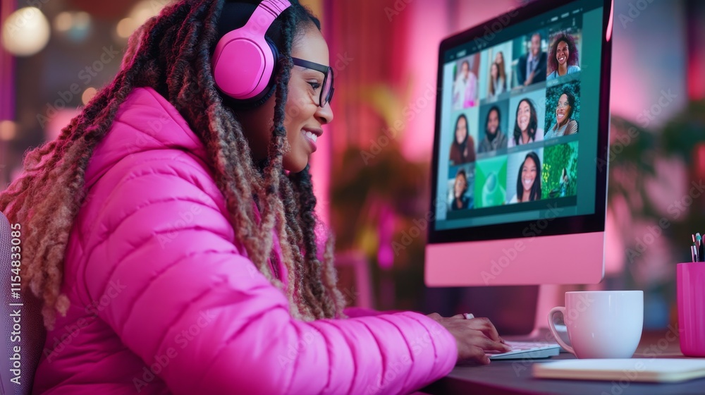Poster a person is participating in a virtual meeting on a computer, dressed in a pink jacket and headphone