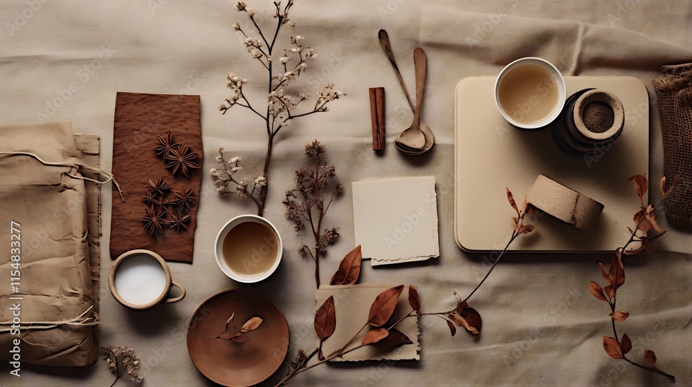 Poster cozy and rustic flat lay composition with coffee stained paper burlap texture and natural accessorie