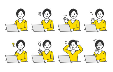 パソコンを見ながらいろいろな表情･ポーズをする中年女性のセット【人物ベクターイラスト素材】