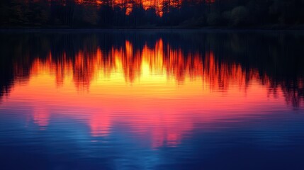 Vibrant sunset reflected on a tranquil lake.