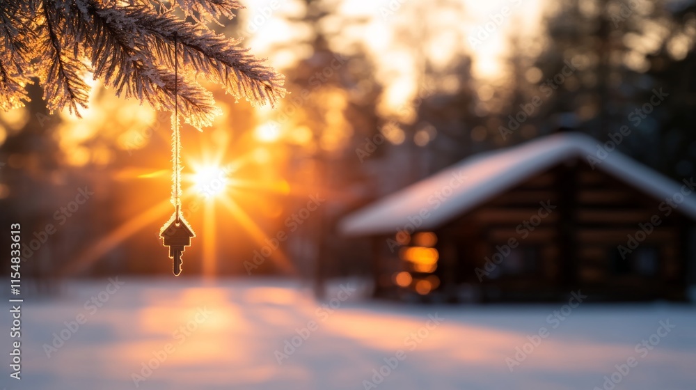 Aufkleber a single key with a house-shaped pendant hangs from a frosted evergreen branch as the sun sets behin