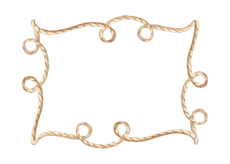 Frame of rope with loops. Hand drawn watercolor illustration isolated. Border of cord. Marine stile. Copy space for text. Braided twine, string garland. Nautical template for postcard, textile, print.